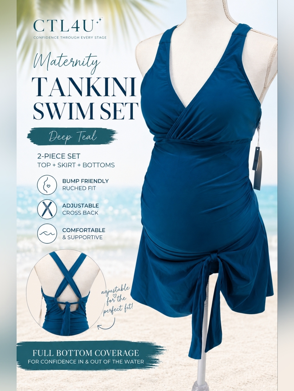 NWT Maacie Maternity Tankini Set Teal Wrap Top High Waist Size M